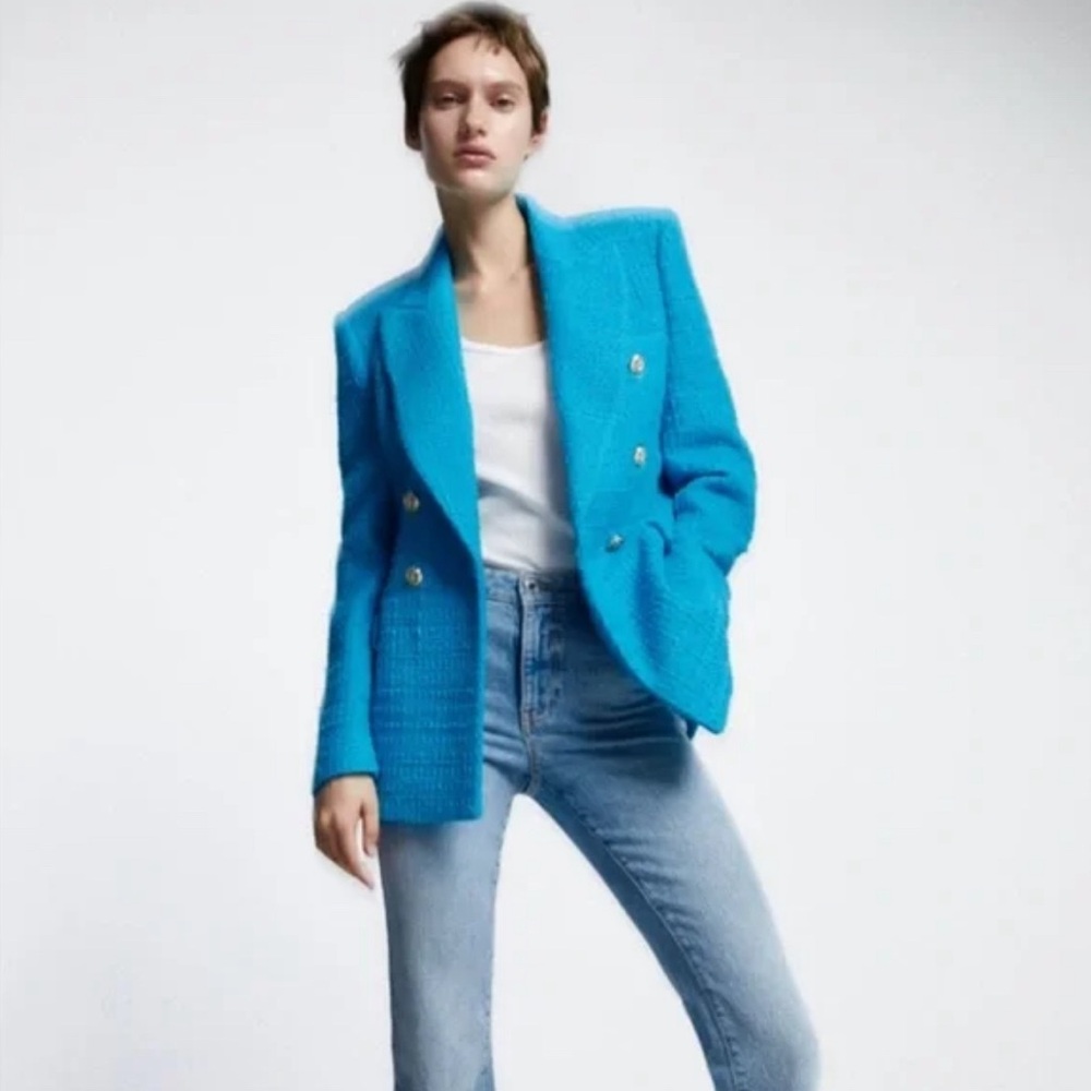 Zara Bright Blue Textured Double Breasted Tailored Blazer Gold Buttons Size S